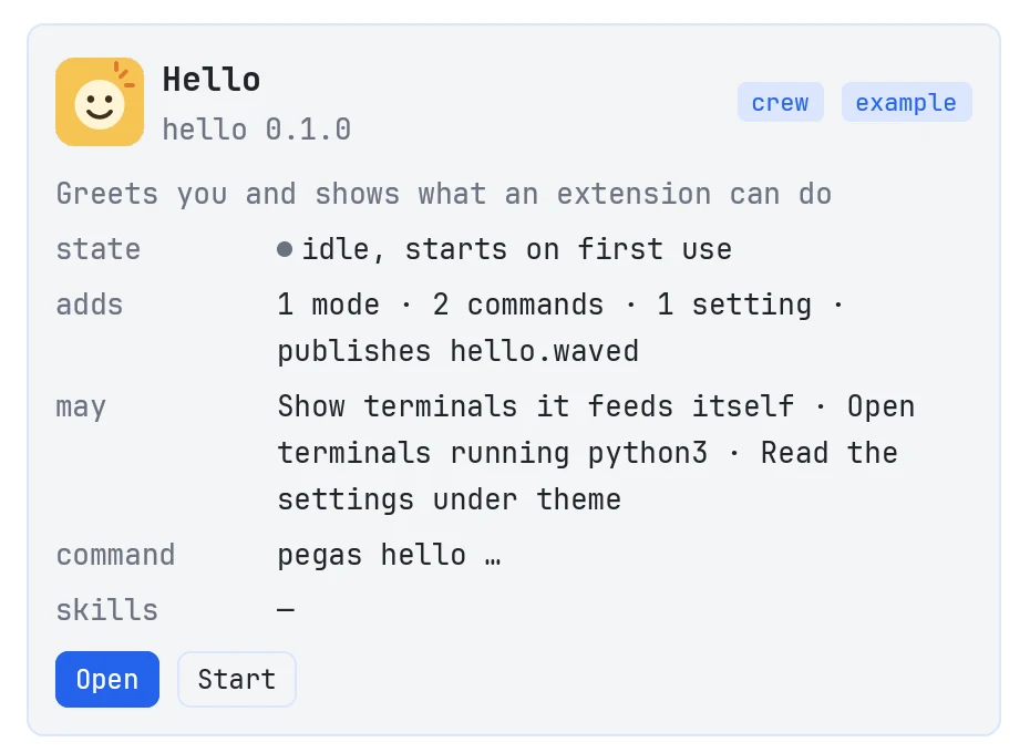 The Hello extension card: what it adds and what it may do, with Open and Start buttons.